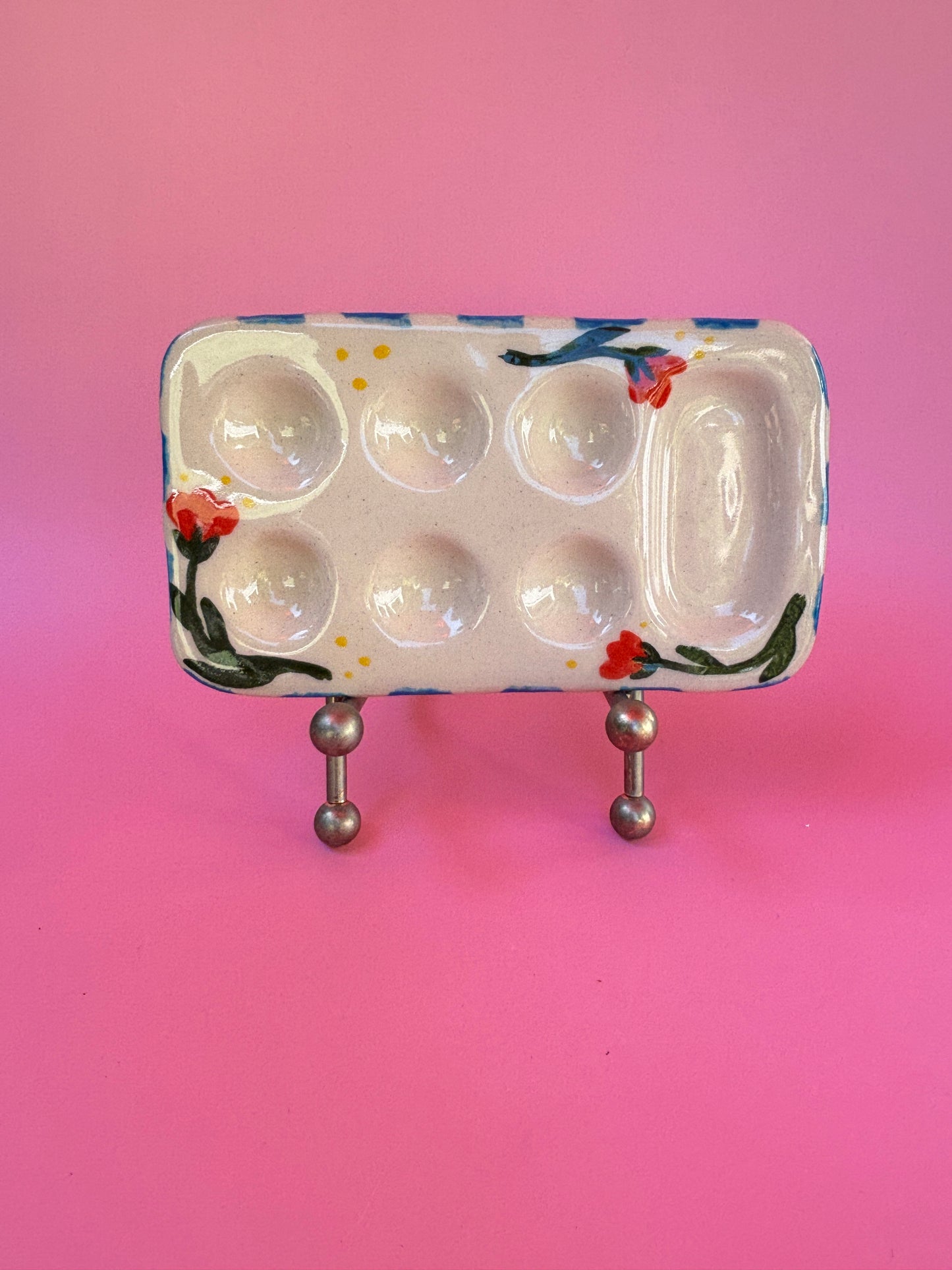 Floral Ceramic Paint Palette With Green Leaves
